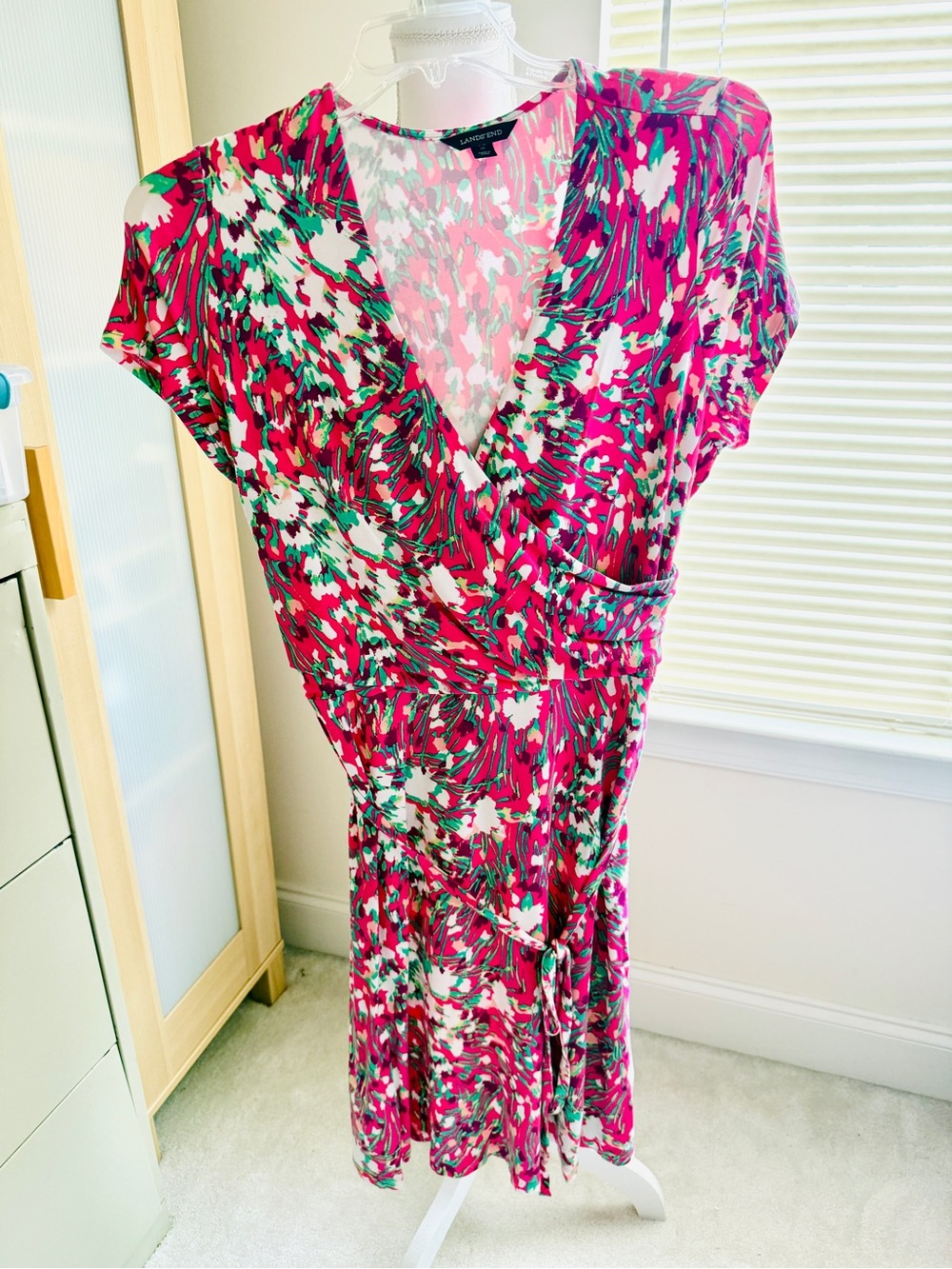 Lands' End Pink & Green Floral Wrap Midi Dress - Picture 1 of 11